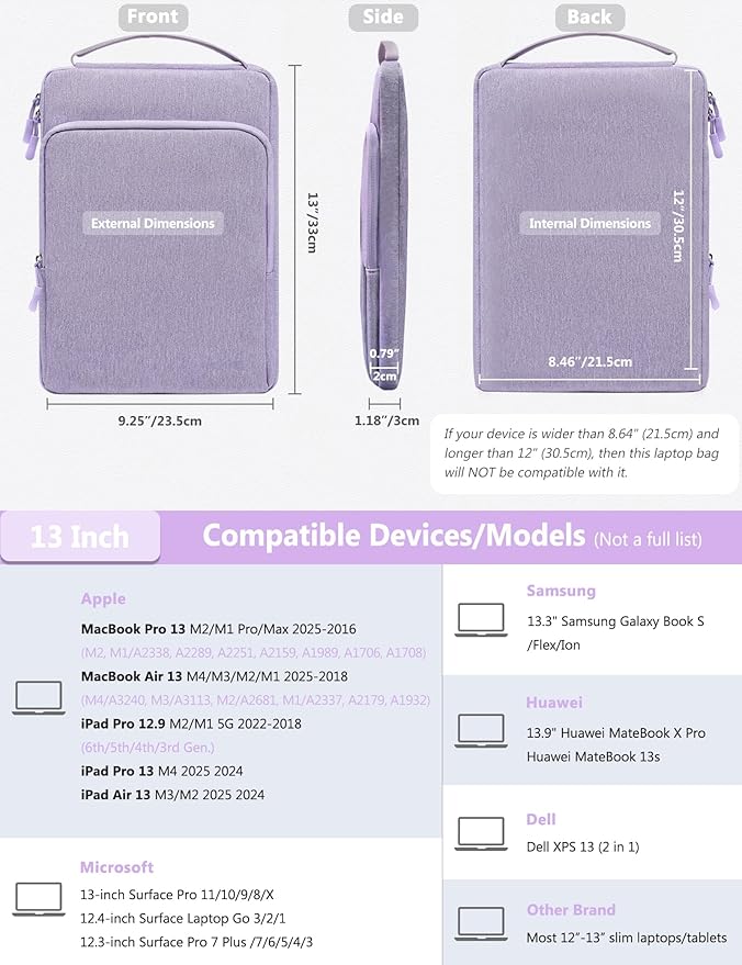 HYZUO 13 Inch Laptop Bag Sleeve for MacBook Air 13 M4 M3 M2 M1 2025-2018, MacBook Pro 13 M2 M1 2025-2016, 13" iPad Pro/Air, Surface Pro, XPS 13, Protective Case for 12"-13" Tablet, Lilac Purple