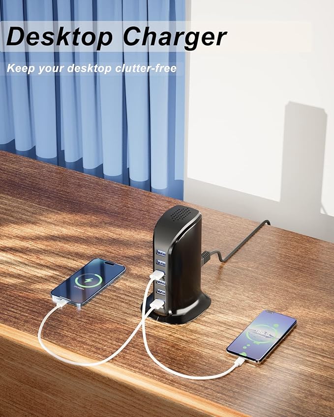 VPSUN USB Charger 6 Port 25W Multi USB Tower Charging Station for Multiple Devices iPhone 15/14/14 Pro/14 Pro Max/13 Pro/13 Pro Max/Android/Samsung/Tablet,etc (Black, 25W)