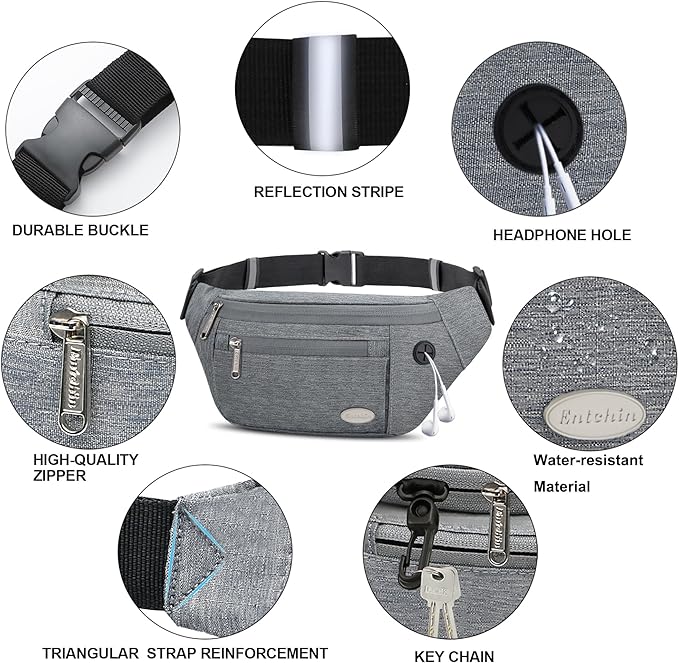 Entchin Fanny Pack for Women Men,Crossbody Belt Bag with 4-Zipper Pockets,Adjustable Waist Bag Pack,One of the Most Popular Travel Essential Gifts for Walking,Traveling,Cycling