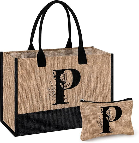 AYGE Personalized Initial Jute Tote Bag & Makeup Bag, Beach Bag, Monogrammed Birthday Gifts for Women Sister Mom Bridesmaid