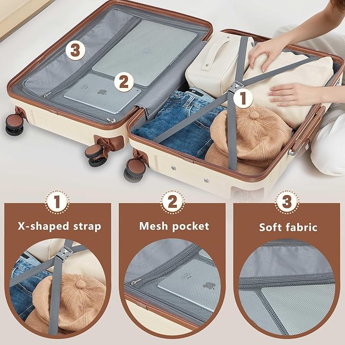 Luggage Sets 3 Piece with TSA Lock Hardside PC+ABS Carry On Suitcase with Spinner Wheels Lightweight Rolling Travel Luggage Sets with YKK Zippers (Beige)