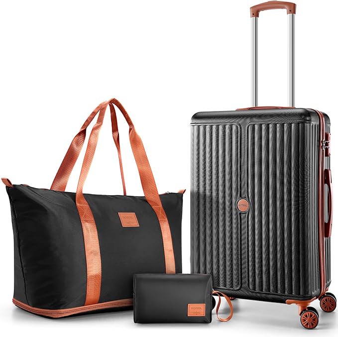 Hoteel 20Inch Luggage 3-piece Set, 360° Universal Suitcases with Wheels Hard Shell Suitcase with TSA Lock, Including Waterproof Luggage Bag, Travel Maletas for Men and Women,Black