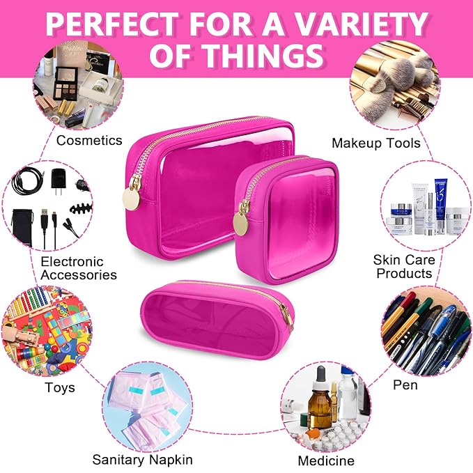 Clear Mini Makeup Bag, Small Nylon&PVC Cosmetic Travel Bag TSA Approved Toiletry Bag with Zipper, Preppy Transparent Coin Purse for Women Men Girls(Mini-Hot Pink)