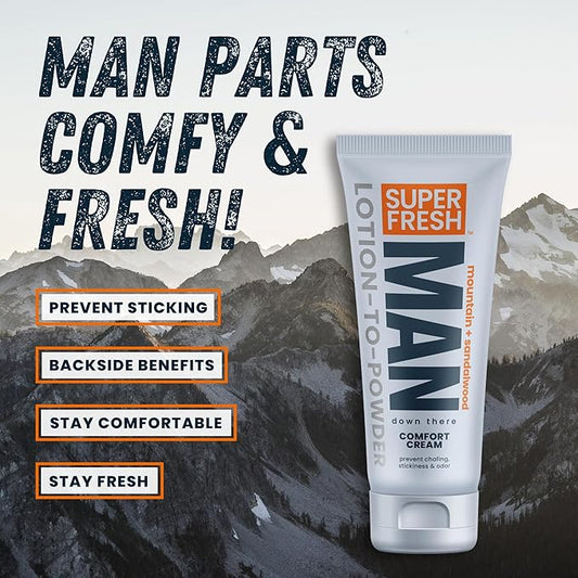 Super Fresh Ball Deodorant Powder Lotion Comfort Cream for Man Parts Groin Butt and Body Hygiene Controls Odor Stops Chafing and Itch Absorbs Sweat Aluminum Free Formula in 4 oz Twin Pack