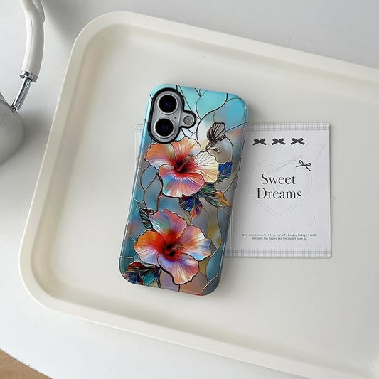 QLTYPRI Flower Case for iPhone 16, Aesthetic Cute Floral Phone Case for Girls Women, Protective Hybrid 2-Layer Hard Shell Silicone Cover Durable Shockproof Phone Cover - Vibrant Hibiscus