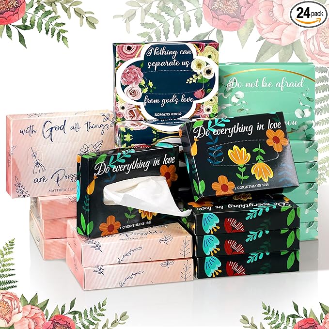 Yinder 24 Packs 960 Sheets Tissue Cube Car Facial Boxes Disposable Facial Travel Tissues Holder Soft Watercolor Boxes 2 Ply 40 Sheets for Wedding Household Car Kitchen Bathroom(Religious)