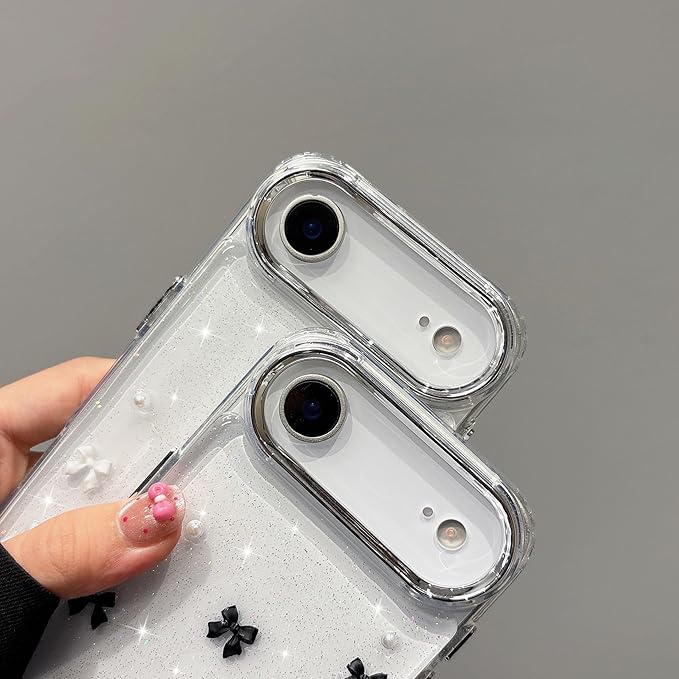 EYZUTAK Case for iPhone Air, Bling Glitter 3D Bowknot Phone Case Cute Sparkly Crystal Clear Bow Aesthetic Design Cover Slim Soft Durable TPU Transparent Protective Cover for Women Girl - White Bow