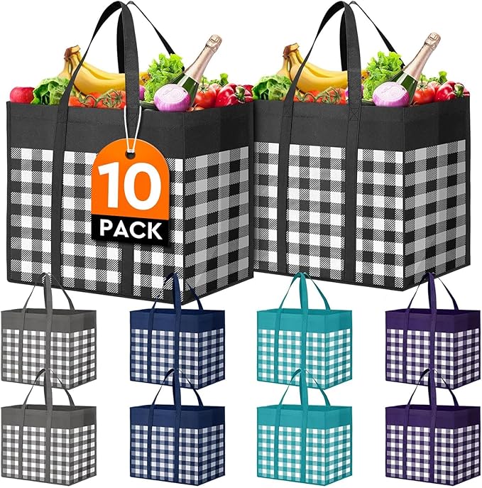 WISELIFE Reusable Grocery Shopping Bags 10 Pack Large Foldable Tote Bags Bulk, Long Handle for Shopping Groceries Clothes (Plaid A)