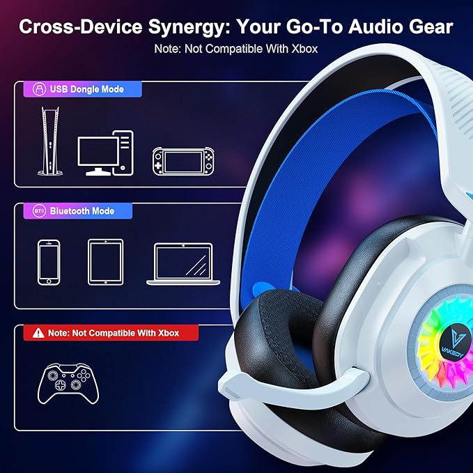 HW10 Wireless Gaming Headset for PS5, PC, PS4, Switch, Noise Cancelling Over Ear Headphones with Mic, 2.4GHz Low Latency & Bluetooth, 50Hr Battery, RGB Light(White/Blue)