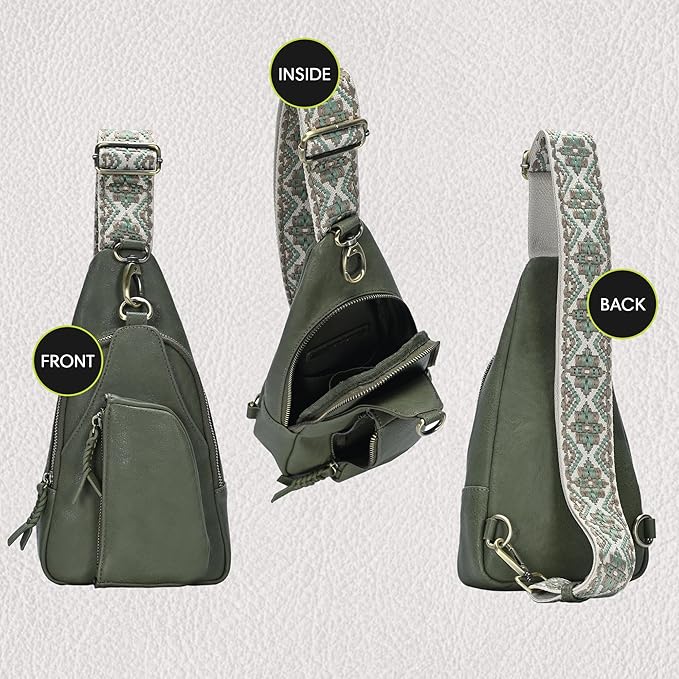 Antik Kraft Tasha Webbing Strap Sling (Moss) | Vegan Leather Crossbody Bag for Women with 16-20" Strap | Sling Bags for Women with Durable Antique Brass Hardware | 7in x 2.5in x 12.5in |