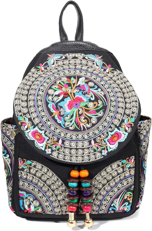 SILKAREA Vintage Embroidered Floral Ethnic Backpack Purse for Women Bohemian Handbag Shoulder Bag Travel Purse (Black S1)