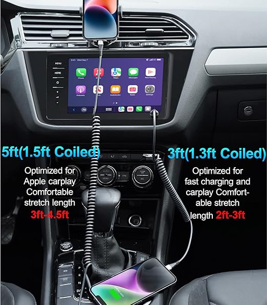 Coiled iPhone Charger Cable for Car, Lightning Cable 2 Pack 5ft, [Apple MFi Certified] Short iPhone Charger Cord Compatible with iPhone 14/13/12/11 Pro Max/XR/8/iPad/CarPlay