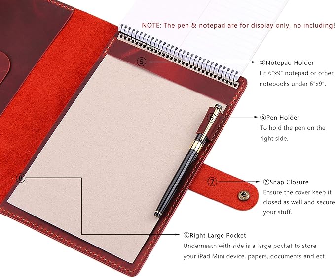 Robrasim Leather Cover for 6"x9" Steno Notebook, Leather Folio Cover Compatible with 6x9 Spiral Steno Pads, A5 Notebook Organizer with Pen Loop - Wine