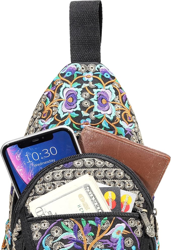SILKAREA Vintage Embroidered Bohemian Small Sling Bag for Women Crossbody Rope Sling Backpack Purse Shoulder Bag