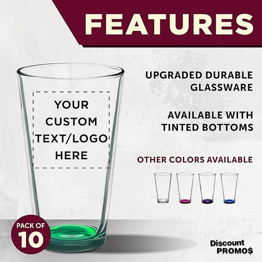 Custom Arc Pint Glass 16 oz. Set of 10, Personalized Bulk Pack - Beer Glasses, Heavy Duty Drinkware - Green