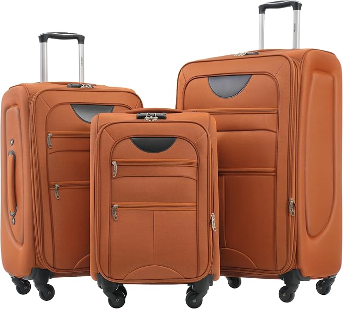 Merax Softside Luggage Set Softshell Lightweight 3 Piece Spinner Suitcase 22" 26" 30" Orange