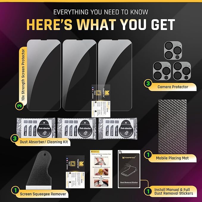 TEMPRTEK+[3+3 Pack for iPhone 14 Pro Screen/Camera Protector 6.1" Tempered Glass [Case Friendly] Anti Scratch/Fingerprint [Full Coverage] 9H+ Hardness