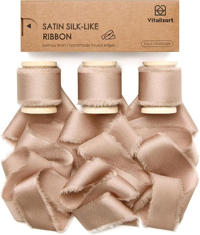 Vitalizart Silk Satin Ribbon 1 Inch x 15 Yard Wooden Spool Champagne Handmade Frayed Ribbon for Gift Wrapping Baby Shower Wedding Bridal Bouquets Holiday Decor 3 Rolls x 5 Yard