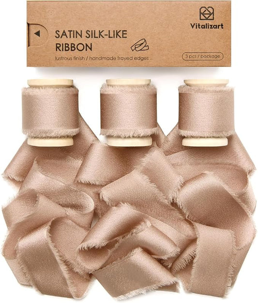 Vitalizart Silk Satin Ribbon 1 Inch x 15 Yard Wooden Spool Champagne Handmade Frayed Ribbon for Gift Wrapping Baby Shower Wedding Bridal Bouquets Holiday Decor 3 Rolls x 5 Yard