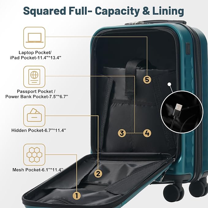 Merax Luggage Sets Front Opening, 2 Piece Hardshell Suitcase with Spinner Wheels and Bags,Lightweight Carry on Luggage with USB Port,20+24,Dark Green