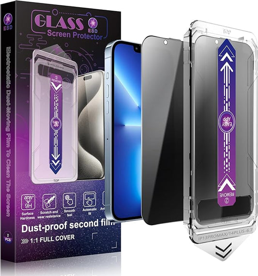 2 Pack Privacy Screen Protector for iPhone 13 Pro Max and iPhon 14 Plus 6.7-Inch Auto Dust Removal, No Bubbles,Anti-Spy Tempered Glass Film, Easy Installation