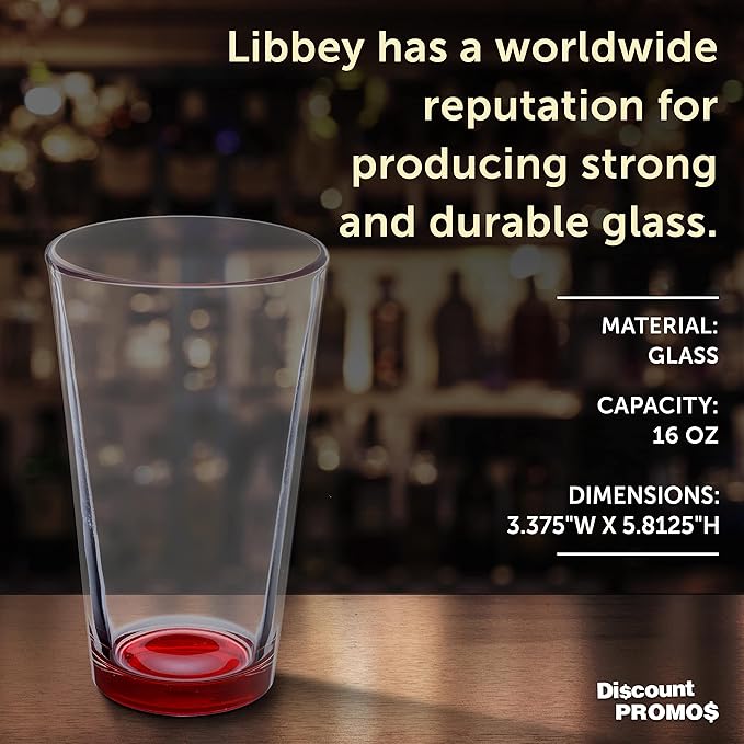 Libbey Pint Glass 16 oz. Set of 10, Bulk Pack - Beer Glasses, Heavy Duty Drinkware - Red
