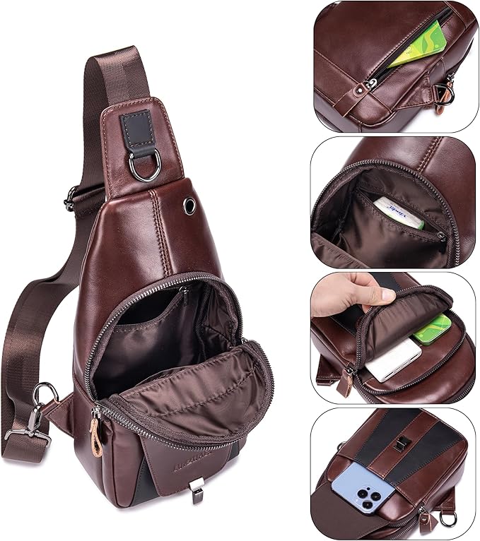 LUKZIJAES Genuine Leather Sling Bag for Men Vintage Crossbody Bag Men Chest Pack Mens Cross Shoulder Bags Hiking Daypacks Travel Backpack (#2-Coffee)