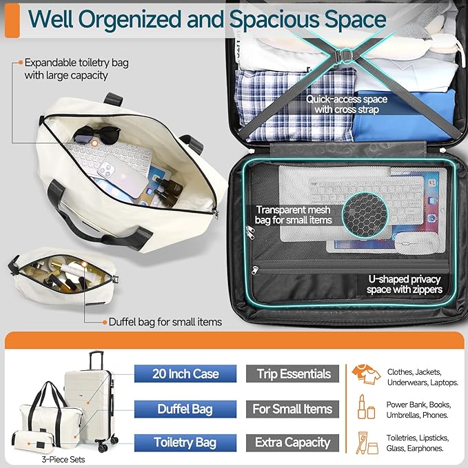 Hoteel Luggage Sets 3 Piece, ABS+PC Hard Shell Expandable Suitcases with Wheels, TSA Aproved Lock and Carry on Bags, Travel Suit Case Set for Men and Women, (3-Piece, Beige)