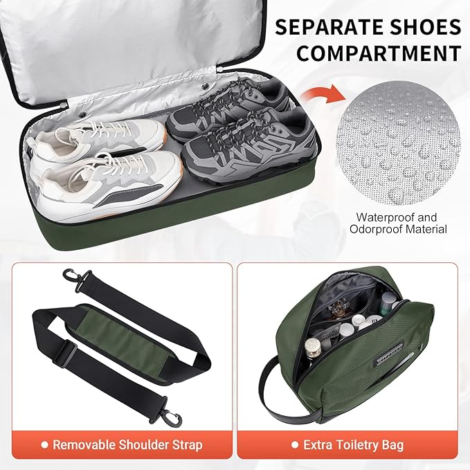 WITZMAN Travel Duffle Bags for Men Weekender Bags with Toiletry Bag Sets Carry On Overnight Bag 55L （B696 Army Green）