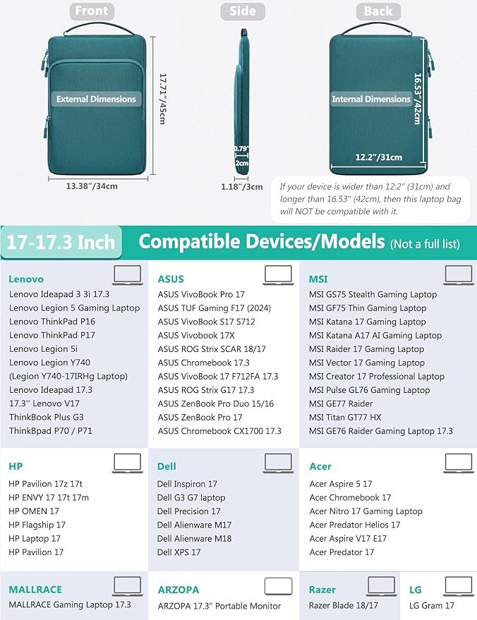 HYZUO 17-17.3 Inch Laptop Bag Case Sleeve for 17" 17.3" HP/Dell/Lenovo/ASUS/LG/MSI Gaming Laptop/Razer Blade 17/18, Notebook Carrying Briefcase for Men Women, Dark Green