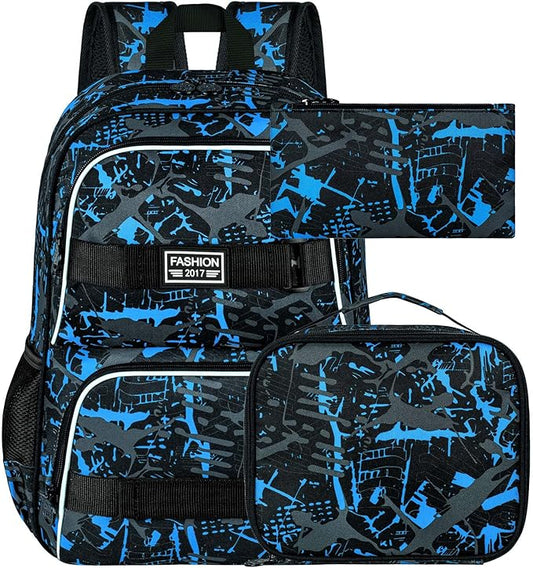 3Pcs Backpack for Girls Boys, 17 Inch School Bookbag with Lunch Box, Durable Laptop Backpacks Set for Teens College