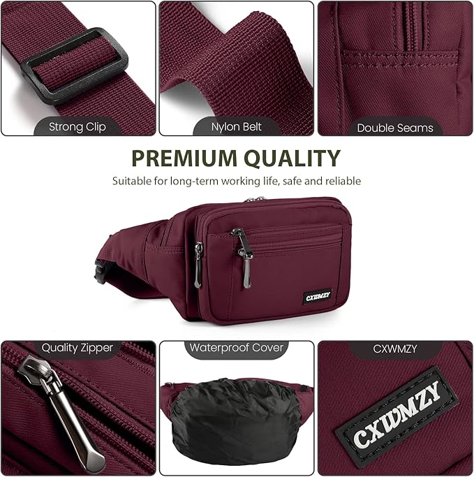 CXWMZY Fanny Packs For Women & Men Waist Pack Hip Bum Bag with Multi-Pockets Large Capacity Waterproof Casual Bum Bag for Disney Traveling Casual Cycling Running Hiking (Wine Red)