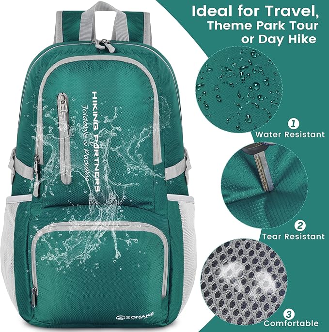 ZOMAKE Lightweight Packable Backpack, 35L Light Foldable Hiking Backpacks Water Resistant Collapsible Daypack for Travel(Dark Green)