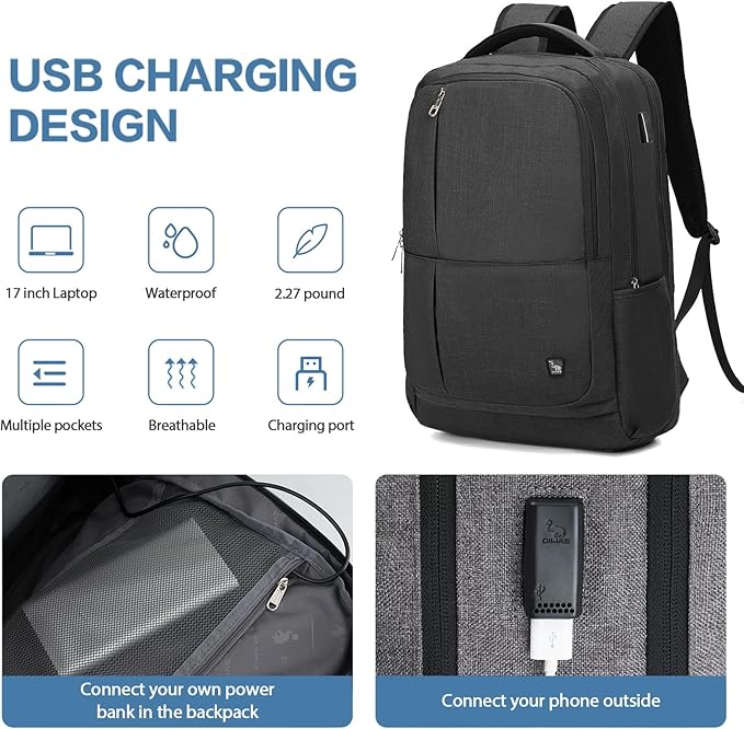 OIWAS Laptop Backpack 17 Inch For Men Business Backpack - Women Travel Daypack - Lightweight Large Backpack (Black)