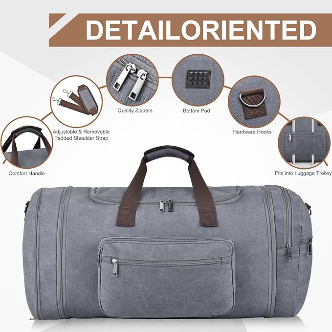 Felipe Varela 60L Duffle Bag for Men, Large Expandable Canvas Duffel Bag for Travel, Mens Carry On Luggage Bag Traveling Weekender Gym Overnight Bags for Airplanes, Grey