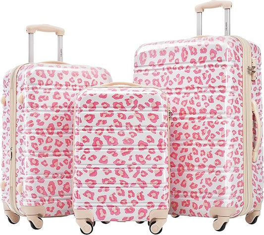 Merax Luggage Sets 3 Piece, Hardside Expandable Suitcase Set with Spinner Wheels, Lightweight Leopard Luggage 20+24+28 IN, Leopard Pink