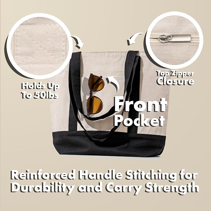 Carrywell |Not Made in China| 30 Pack Cotton Tote Bags, Reusable Grocery Shopping Bag with Zipper Closure and Front Pocket, Heavy Duty Organic Cloth w/Handles