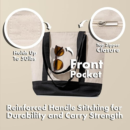 Carrywell |Not Made in China| 3 Pack Cotton Tote Bags, Reusable Grocery Shopping Bag with Zipper Closure and Front Pocket, Heavy Duty Organic Cloth w/Handles