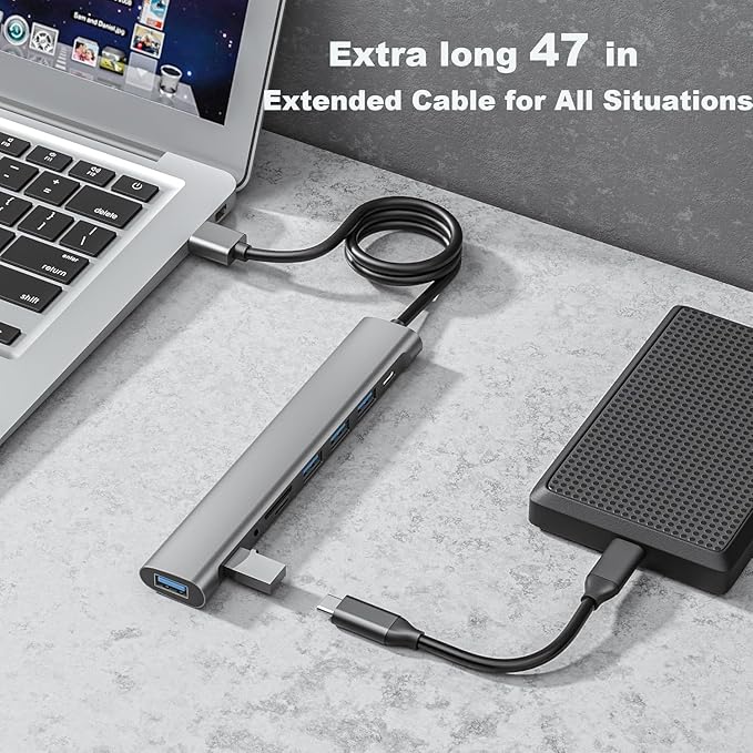 USB Hub Long Cable, 9 Ports USB 3.0 Adapter with 4 USB 3.0 Data Ports,SD/TF Card Slot,3.5mm Jack,USB-C Data,USB Splitter with USB C 5V/3A Power Port, 47IN/120CM Main Cable for Laptop PC