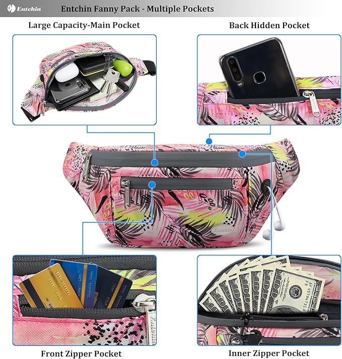 Entchin Fanny Pack for Women Men,Crossbody Belt Bag with 4-Zipper Pockets,Adjustable Waist Bag Pack,One of the Most Popular Travel Essential Gifts for Walking,Traveling,Cycling