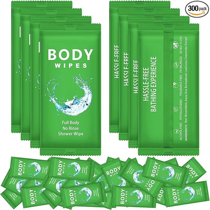 Treela 300 Pcs Bulk Deodorant Large Body Wipes Individually Wrapped Wet Wipes Travel Size for Adults Shower for Homeless Supplies Hygiene Personal Cleansing for Hiking Gym(7.09" X 9.84",Green)