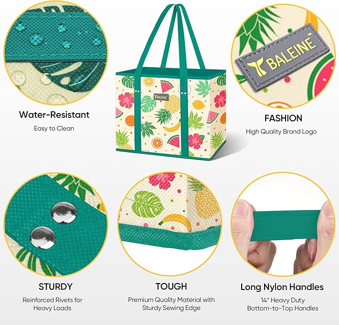 BALEINE 3Pk Reusable Grocery Bags, Foldable Shopping Bags for Groceries with Reinforced Bottom & Handles (Hawaiian Brunch)