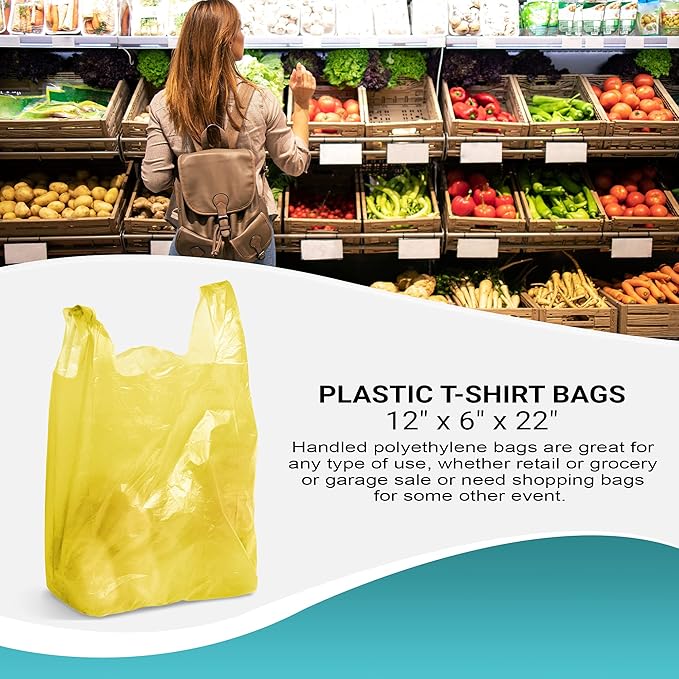 Yellow T-Shirt Bags, 12 x 6 x 22 Inches. Pack of 700 Plastic Merchandise Bags, 18 Micron. Unprinted Grocery Bags with Handles. High Density Polyethylene Shopping Bags for Small Business