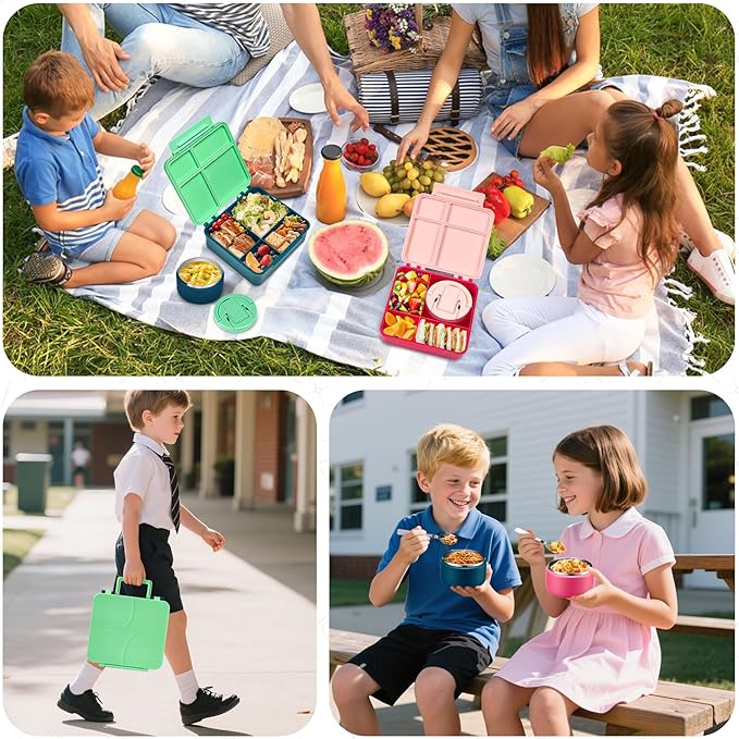 MAXSO Bento Lunch Box Set with 8 oz Soup Thermo, Kids Leakproof 4 Compartments Hot Food Container with Sauce Cup, Ice Pack and Lunch Bag, Child Insulated Food Jar for School - Green
