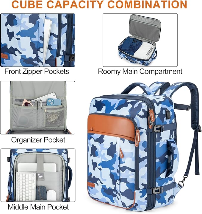 Carry on Travel Backpacks, Extra Large 40L Flight Approved Bag for Men & Women,Expandable Suitcase Backpack With 4 Packing Cubes,Water Resistant Luggage Daypack Business Weekender Bag,Camouflage Blue