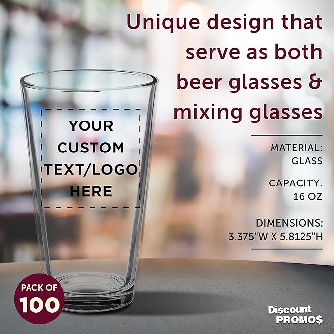 Custom Arc Pint Glass 16 oz. Set of 100, Personalized Bulk Pack - Beer Glasses, Heavy Duty Drinkware - Clear