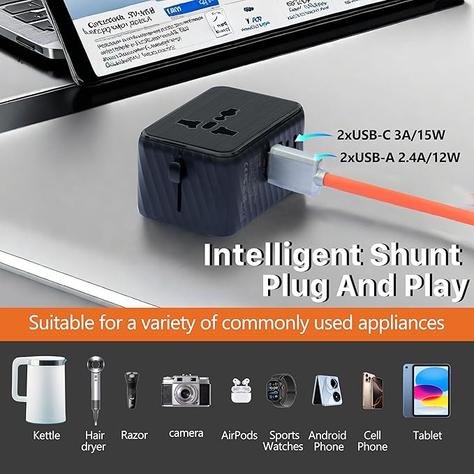 Universal Travel Plug Adapter Worldwide with 2 USB C and 2 USB A Ports, Travel Accessories Travel Charger International Travel Adapter Plug Travel Essentials USA to UK Europe Australia (Black, 17W)