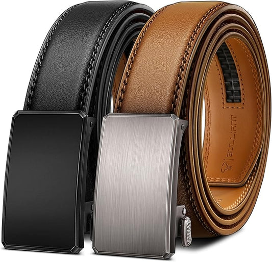 BULLIANT Men Ratchet Belt 2 Pack, Click Sliding Leather Belt Adjustable for Gift Men Dress Casual Jeans 1 3/8,Cut for Fit