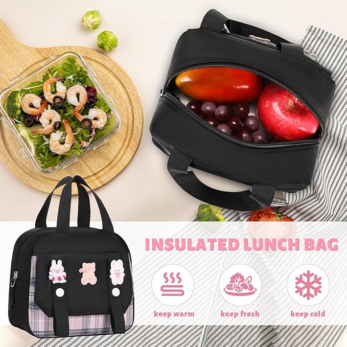 Backpack for Girls, Kids Girls Backpacks Set with Lunch Bag Pencil Case, Cute Bookbag Waterproof Backpack for Elementary Middle School, Black-Pink