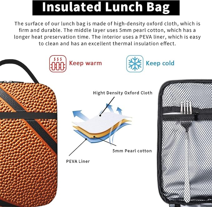 Basketball Print Lunch Box for Players,Adults,Men,Sport Ball Design Insulated Lunchbox,Leakproof Tote Bag,Reusable Cooler Bags for Work,Picnic,Office,Travel,Practical Lunchbag Gifts